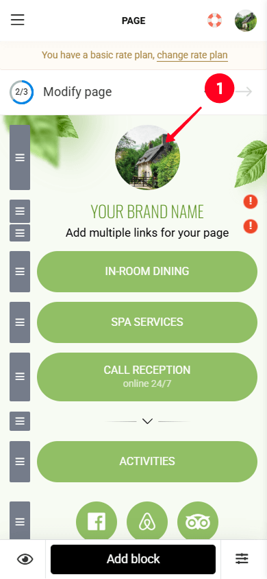 Tapping a profile image in the Taplink page builder