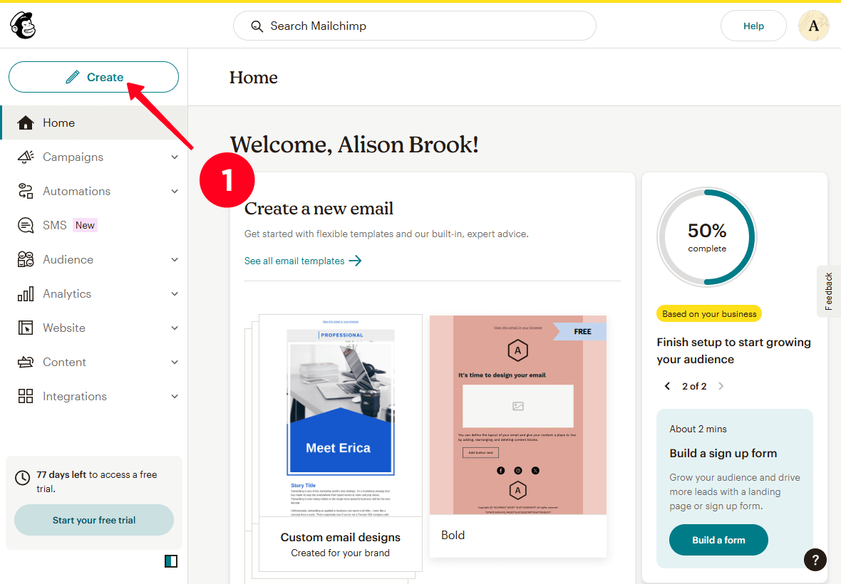 Clicking the Create button on the main page in Mailchimp