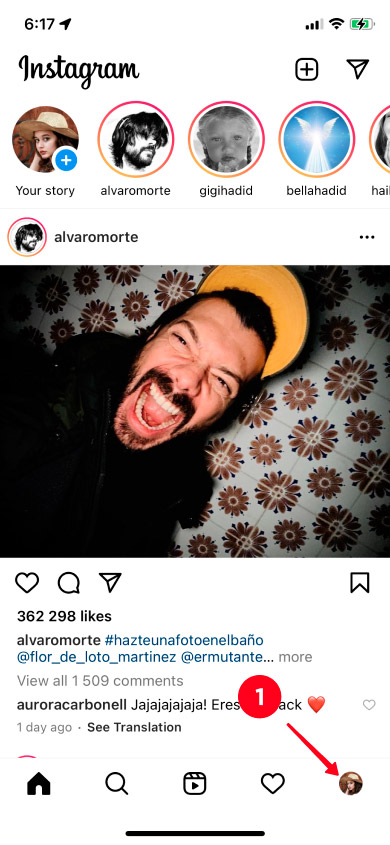Switching to the profile tab in the Instagram app