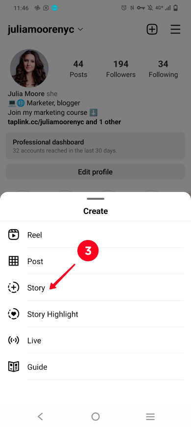 Choosing Story on the list of Instagram content