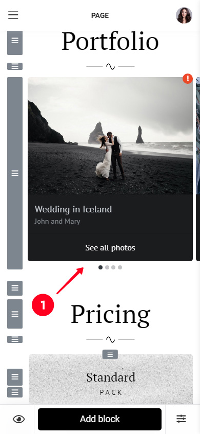 Tapping an image carousel on an Instagram link in bio page in the Taplink editor