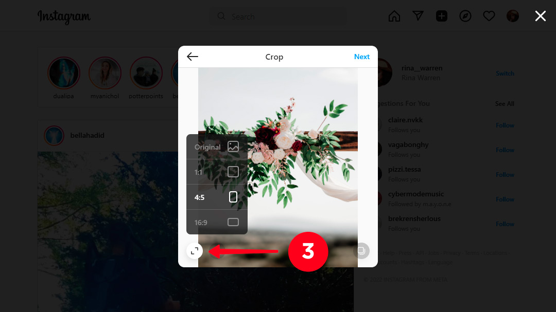 Tapping the size button in the Instagram posting menu on a desktop