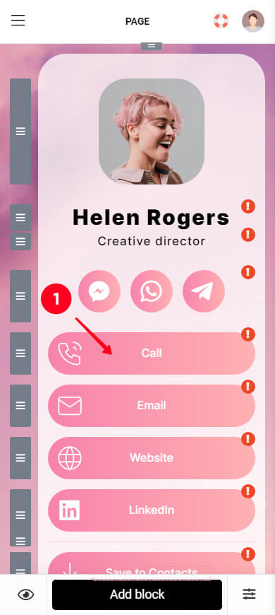 Tapping a Link block in the Taplink digital business card builder