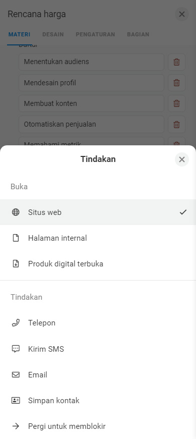 Daftar opsi tindakan tombol dengan Situs Web yang dipilih