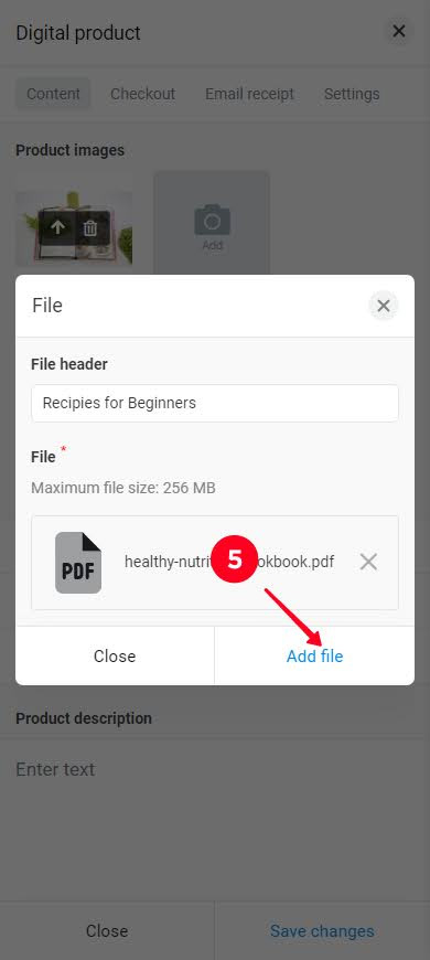 Tapping Add file in the digital product uploading menu