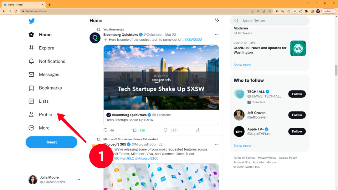 Clicking Profile in the Twitter menu on a computer