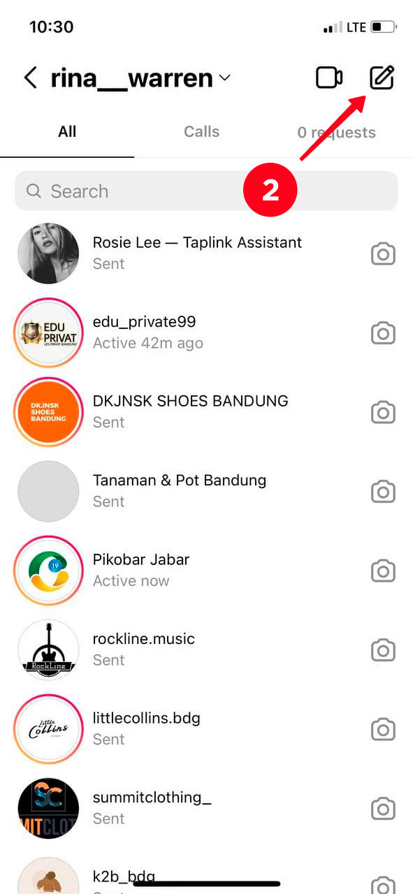 Tapping the writing icon in Direct Messages on Instagram