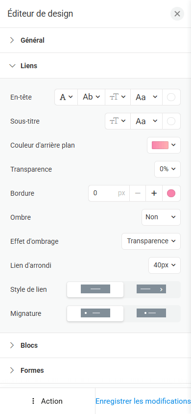 Éditeur pour modifier le design d’une page Linktree