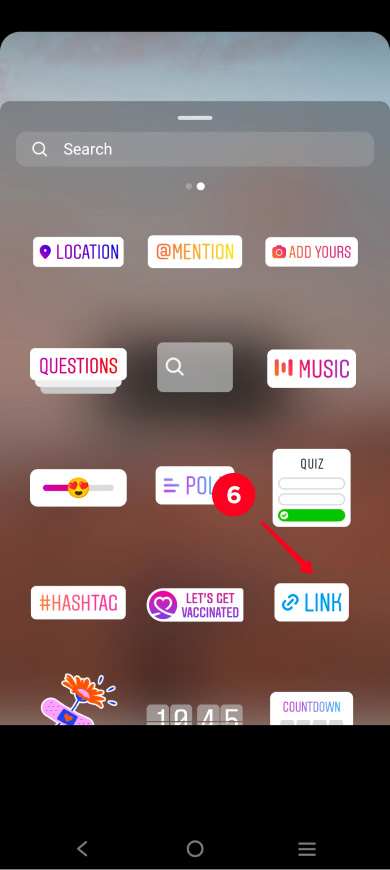 Choosing the Link sticker on the list of Instagram Stories stickers