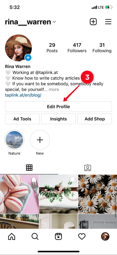 Opening Instagram profile settings in the app