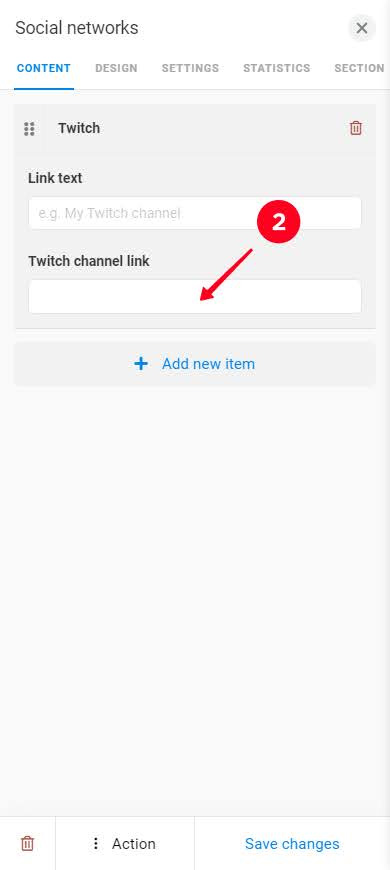 Writing a Twitch username in the Social networks block settings
