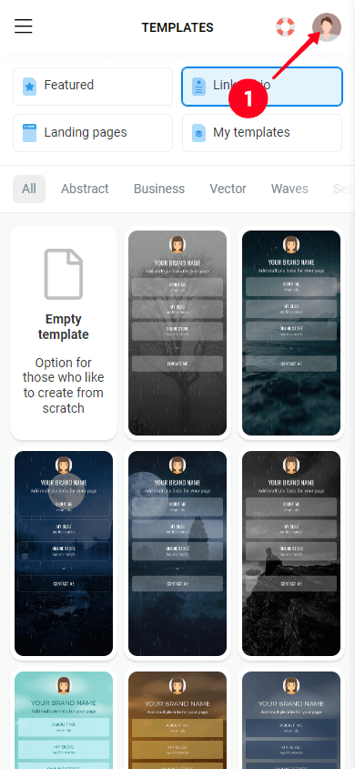 Tapping the profile icon on the Taplink page with link in bio templates