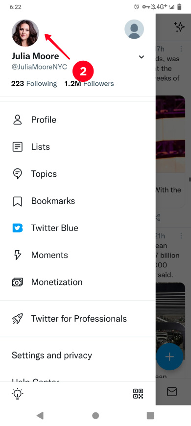Tapping the profile photo in the menu in the Twitter app