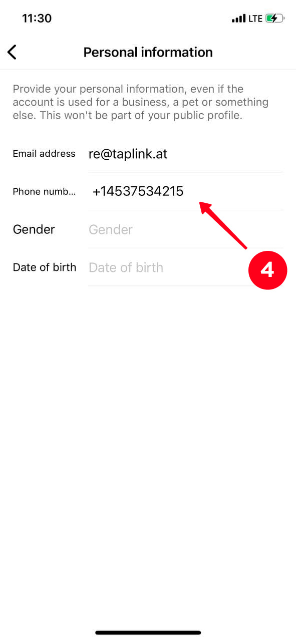 Tapping the phone number field in the Personal information settings