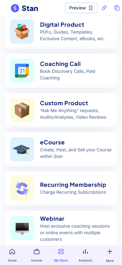 Content blocks available in Stan Store