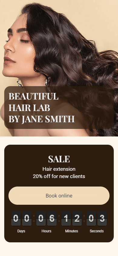 Top of the Taplink-built hair stylist link in bio page showing an image, title, headlines, a button, and a countdown timer