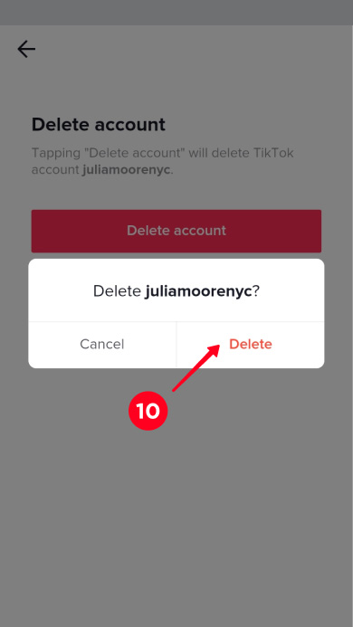 Confirming the TikTok account deletion in the app
