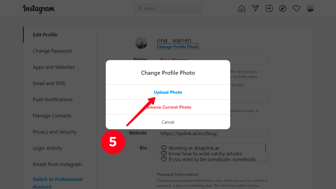 Choosing Upload Photo in the profile picture menu on Instagram