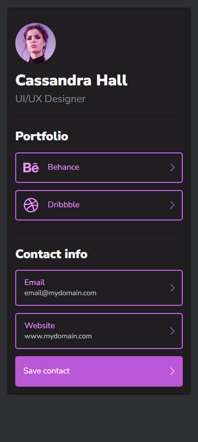 Digital business card of a UI/UX designer created with Taplink