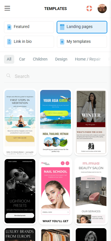 Mobile website templates in Taplink