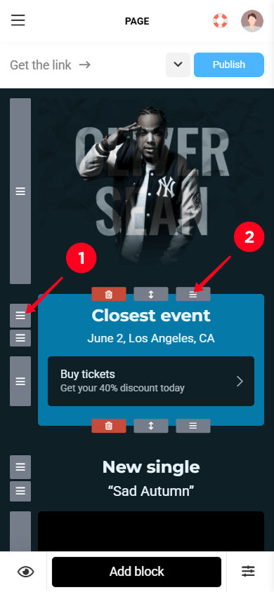 Holding the block drag icon and the section drag icon in the Taplink website creator