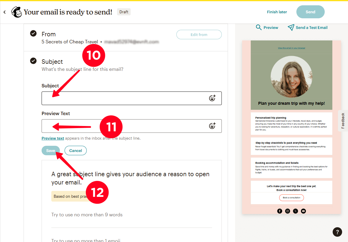 Entering the subject and preview text and clicking Save in Mailchimp