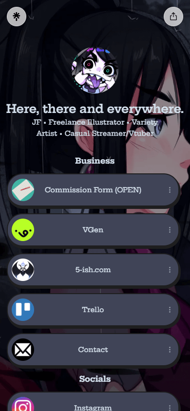 A Linktree link in bio page of a digital artist and streamer