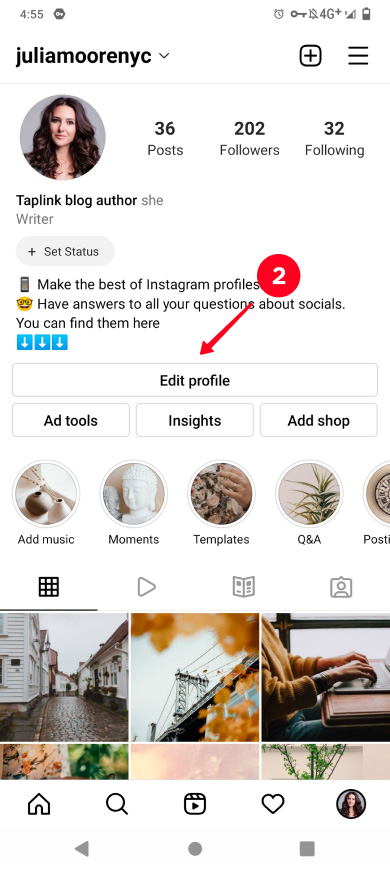 Tapping Edit profile on an Instagram page