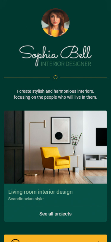 Taplink page made for an interior designer with a carousel of portfolio photos