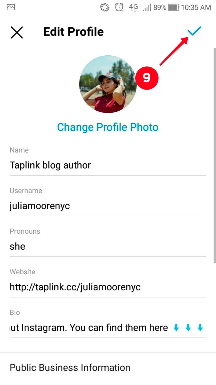 Saving the Instagram profile changes on an Android-powered smartphone
