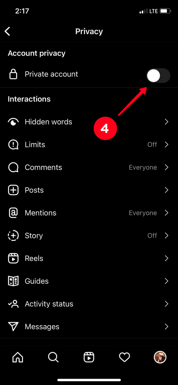 Activating the Private account feature