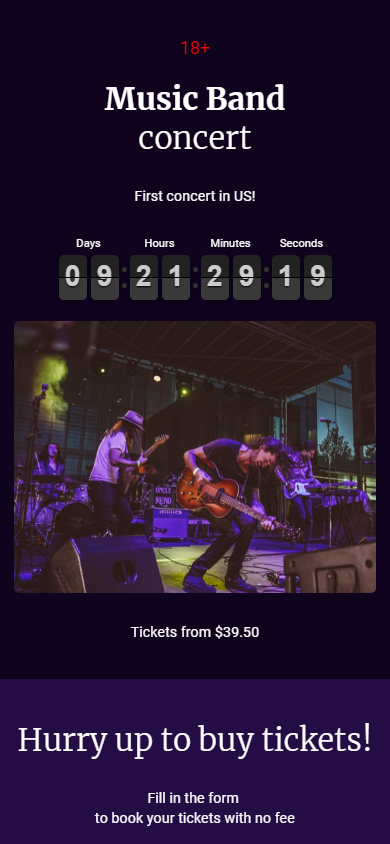 Taplink page with a timer for promoting a concert on Instagram