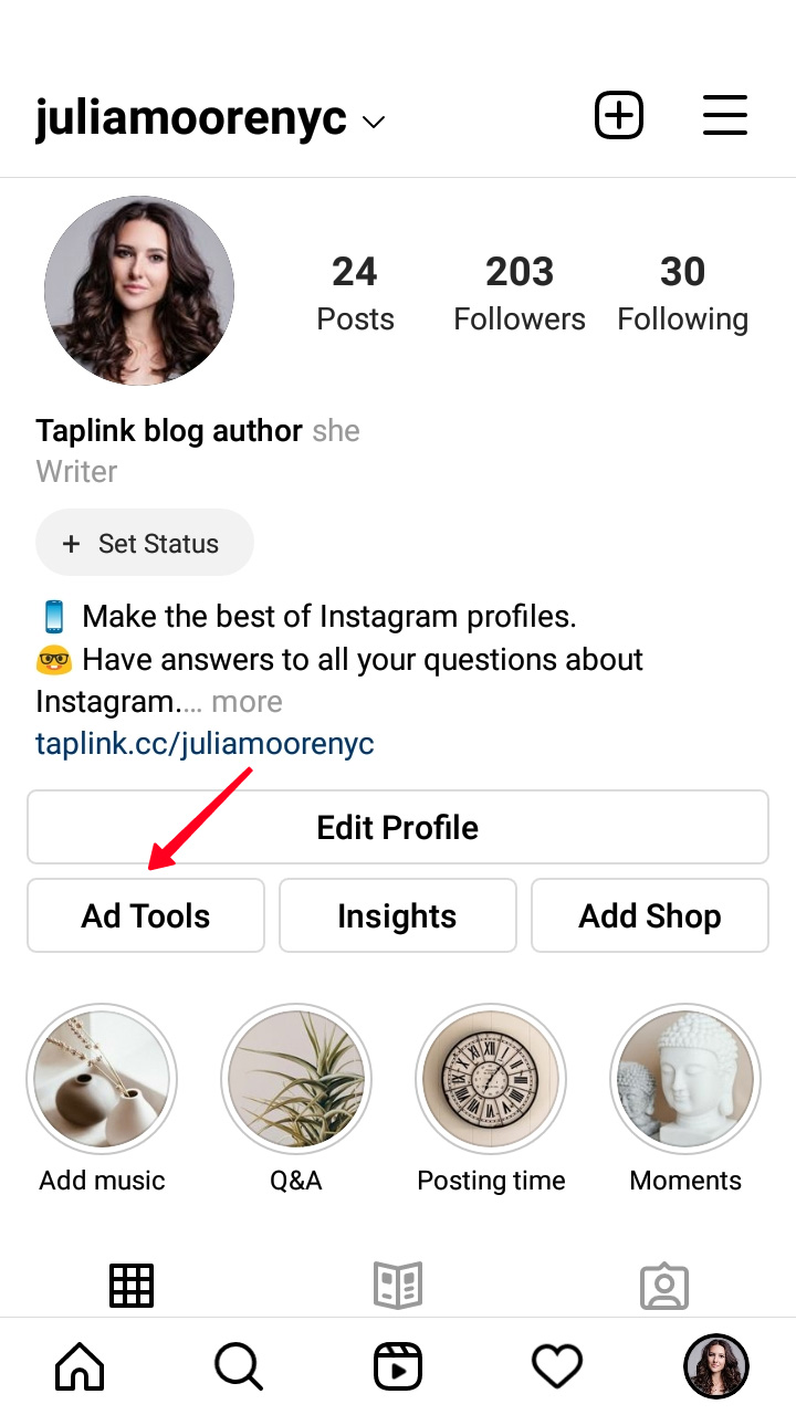 Highlighted Ad Tools in the Instagram profile page tab on a smartphone