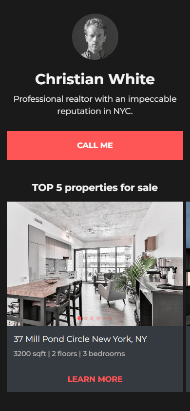 Top of the realtor’s digital business card created with Taplink