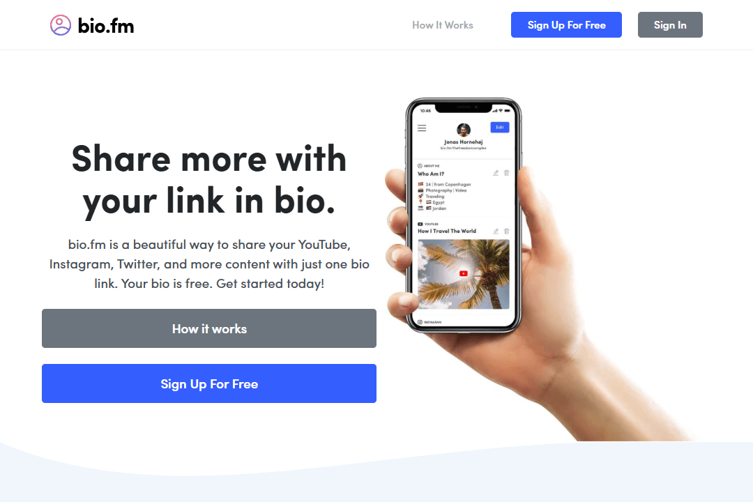 Home page interface of the Bio.fm link in bio tool