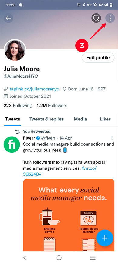 Tapping the three dot icon on a Twitter profile page