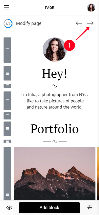 Tapping the forward arrow in the Taplink editor to open the publishing menu