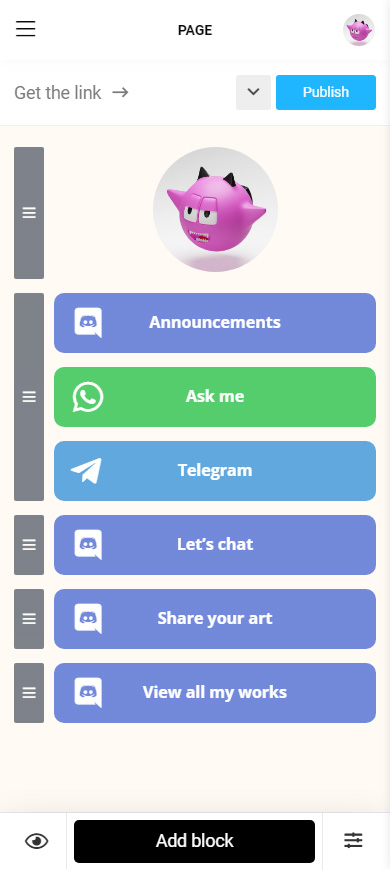 WhatsApp, Telegram, Discord buttons on an Instagram link in bio page in the editor