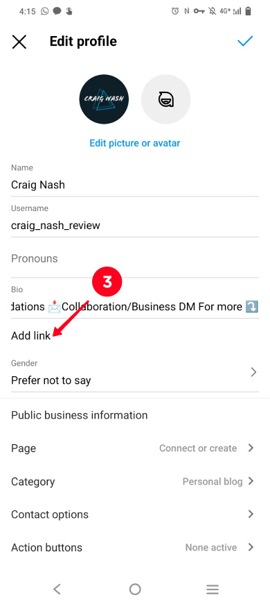 Choosing Add link in the Instagram profile settings in the app