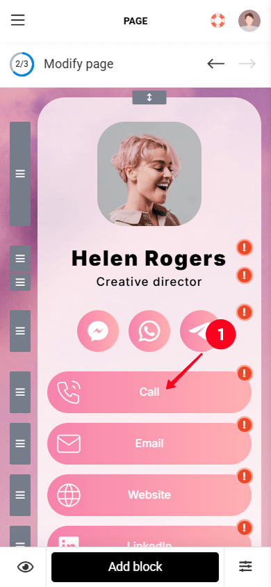 Tapping on a button in the editor of a link tree for TikTok