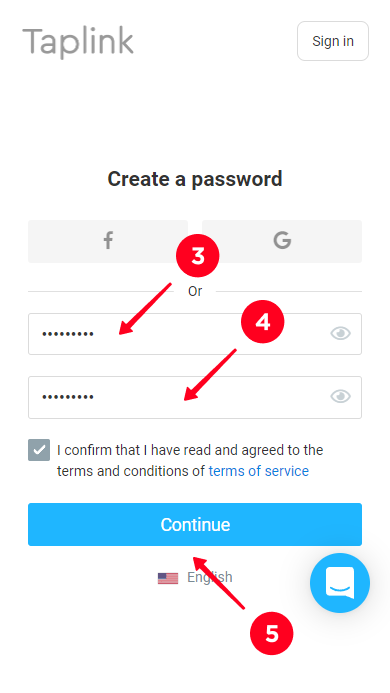 Setting a password for a Taplink account on the sign-up page