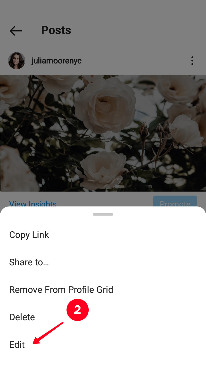 Scegliere Modifica nel menu del post di Instagram