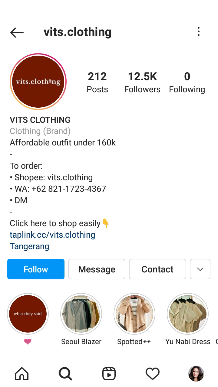 Pagina del profilo di Vits Clothing su Instagram con una biografia aziendale