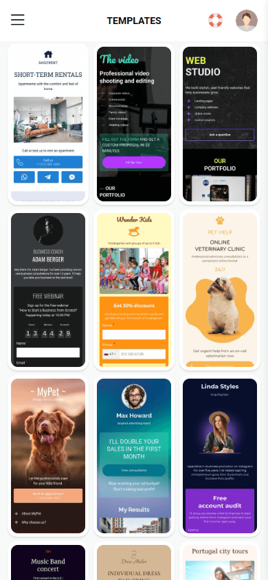 First part of page templates available on Taplink