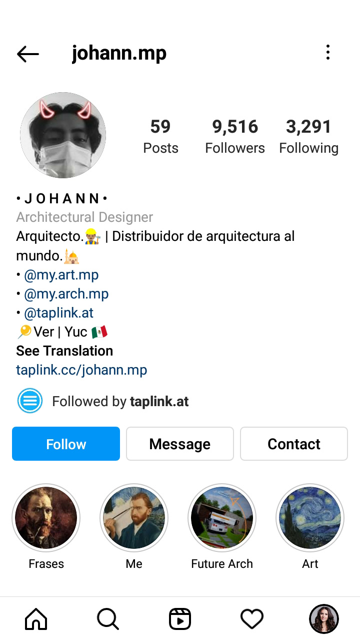 Designer’s page on Instagram with black-and-white profile picture