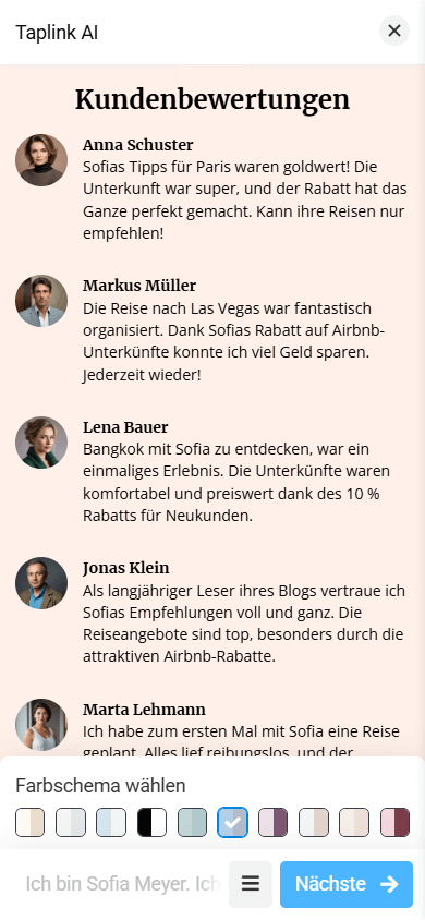 Ein Layout des Abschnitts Bewertungen mit kleinen Kundenfotos, deren Namen und Bewertungen