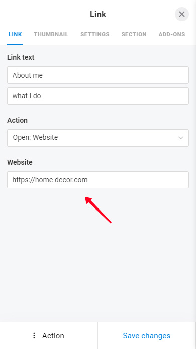 Highlighted filled URL field in the Link settings