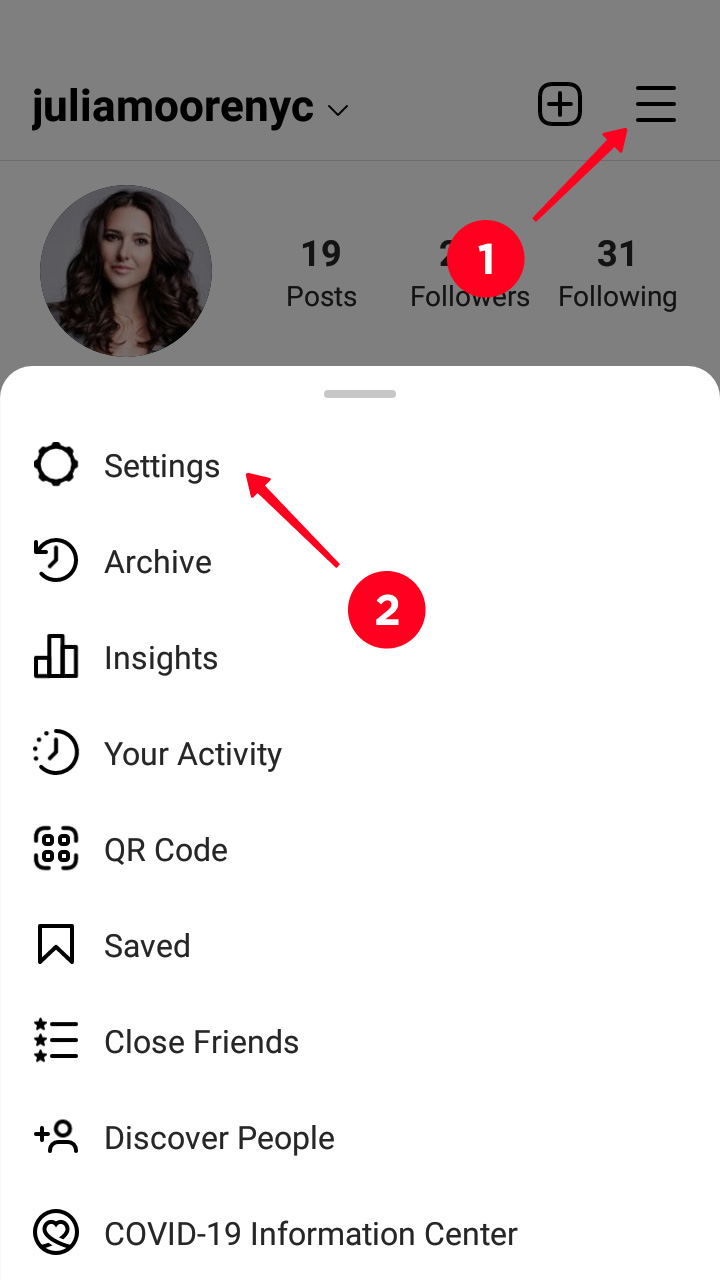 Opening settings on an Instagram profile page and choosing Settings