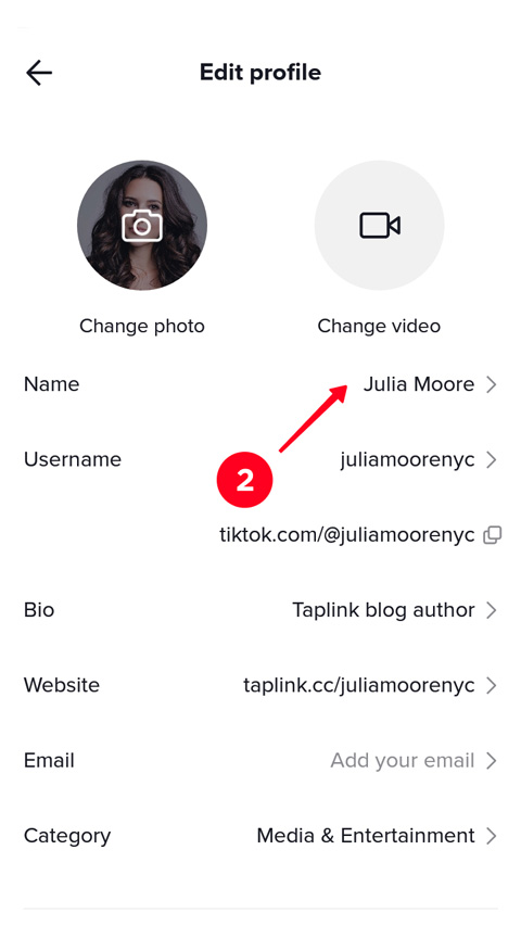 Choosing Name in the TikTok profile settings