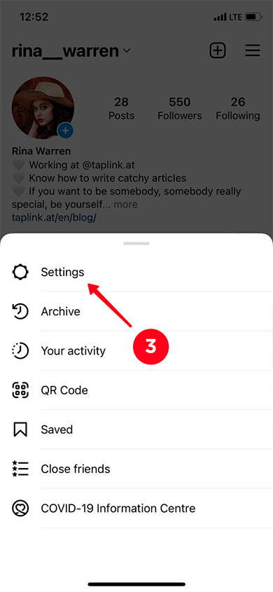 Choosing Settings on the list in the Instagram app